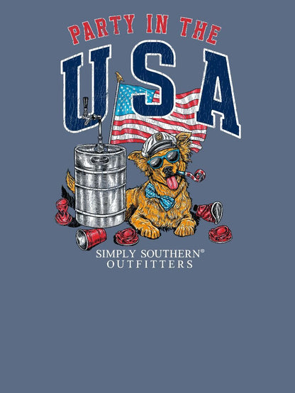 Party in the USA Dog SS T-Shirt: cartoon dog with sunglasses, hat, keg, and flag. Available sizes: S-XXL.
