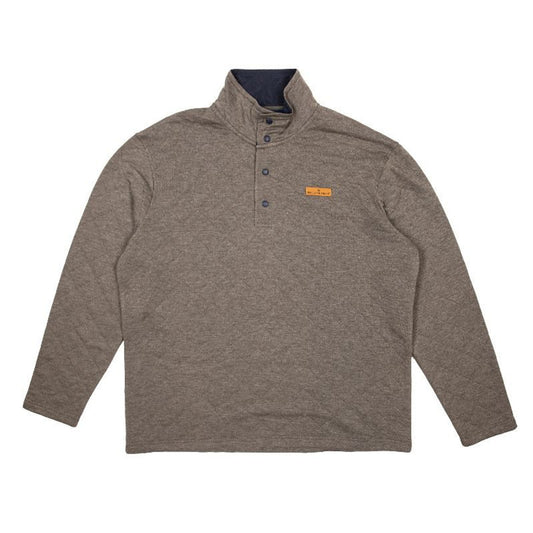 A Men's Quilted Pullover shirt featuring a partial zipper and a dark blue collar, displayed against a plain white background. A small rectangular logo patch is visible on the left chest area.