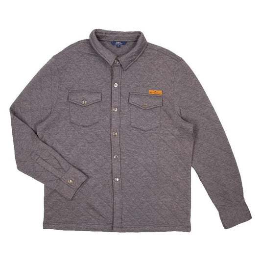 A gray Men Quilted Shacket with two front pockets, displayed against a white background. The jacket features snap buttons and a small, rectangular brown logo on the left pocket.