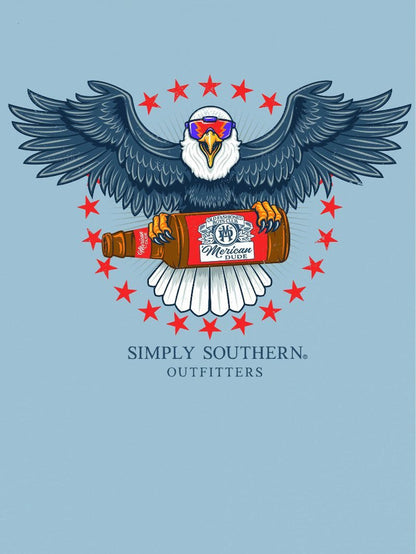 Men's Eagle Blue Shirt with eagle in sunglasses holding "Merica" beer, red stars, logo text. Sizes: S-XXL.
