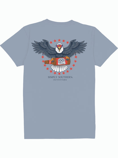 Men's Eagle Blue Shirt with eagle graphic, "Freedom" bottle, red stars, and logo. Available in sizes S-XXL.