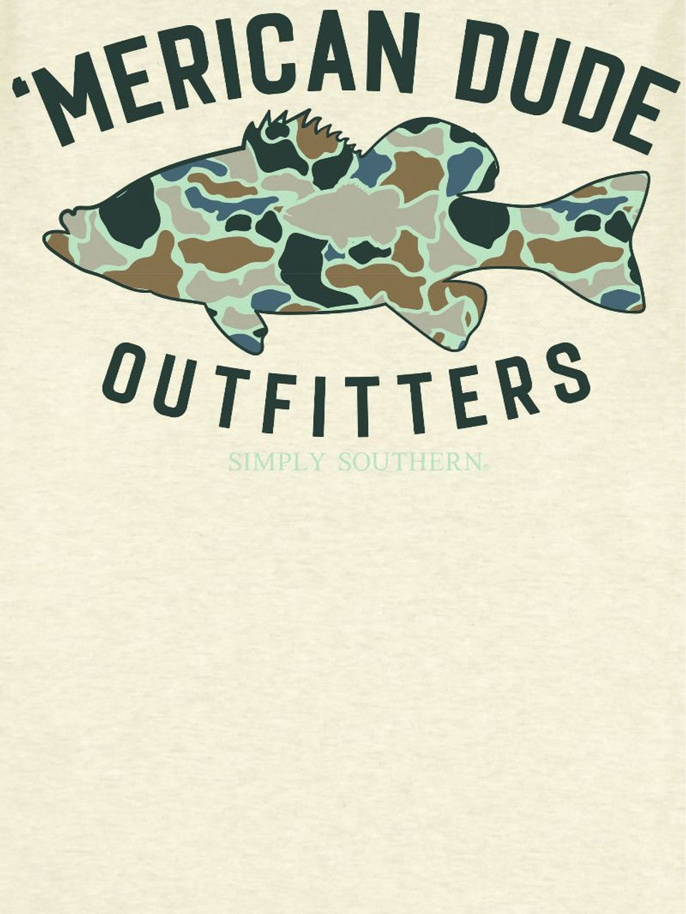 Men's Camo Fish T-Shirt featuring "American Dude Outfitters" text, large camo fish graphic, Southern logo, and "SIMPLY SOUTHERN" underneath. Available sizes: S, M, L, XL, XXL.