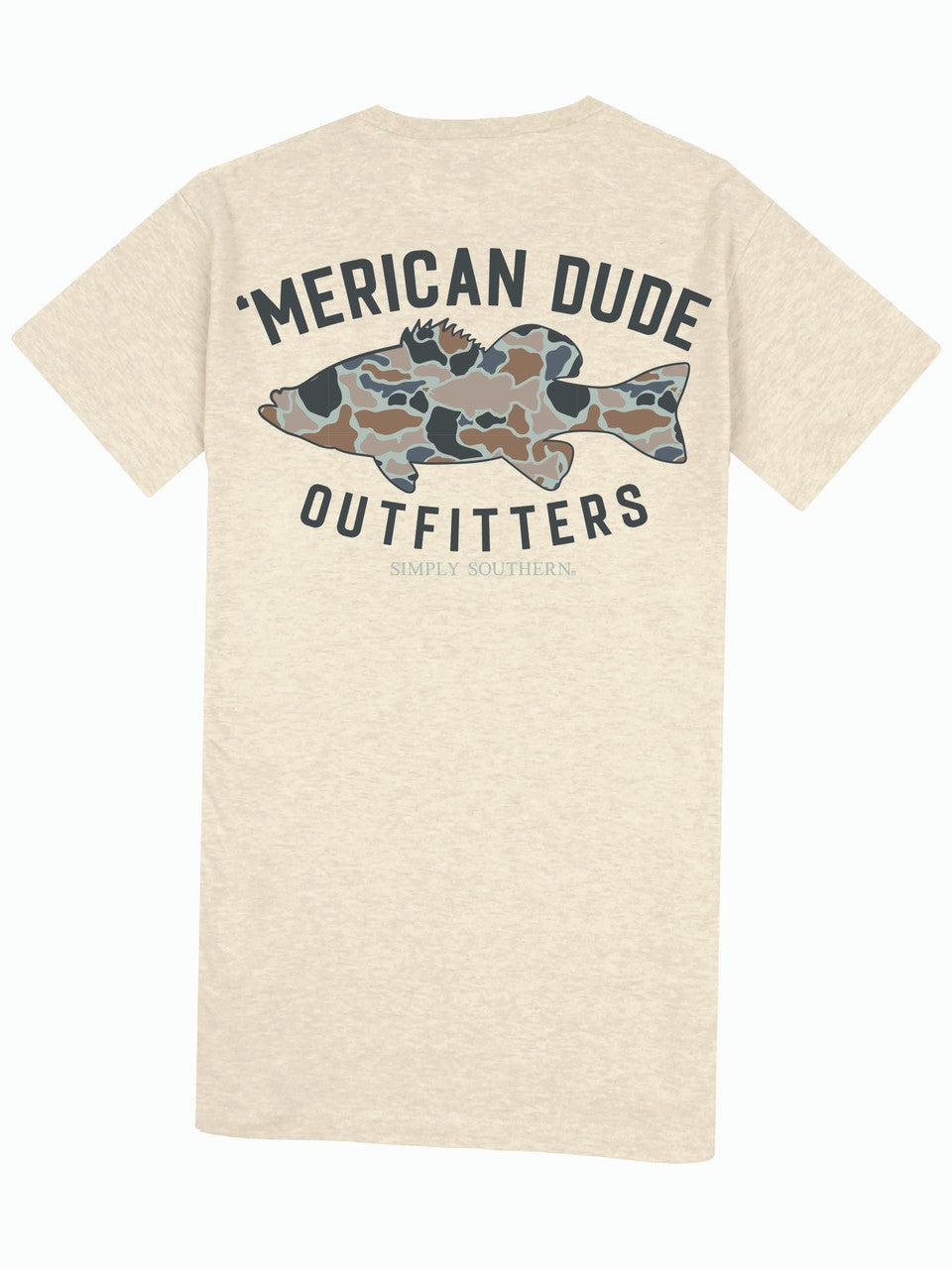 Men's Camo Fish T-Shirt in beige with “Merican Dude Outfitters” above and below a camo fish graphic; Simply Southern logo in small print at the bottom. Available in sizes S-XXL.