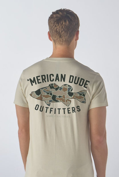 Men's Camo Fish T-Shirt with "AMERICAN DUDE OUTFITTERS" and camo fish graphic on back. Available in sizes S–XXL.