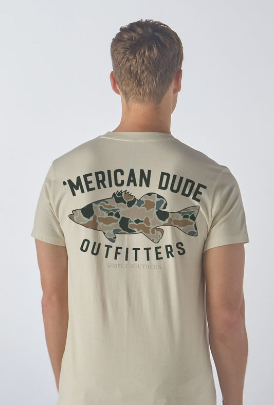 Men's Camo Fish T-Shirt with "AMERICAN DUDE OUTFITTERS" and camo fish graphic on back. Available in sizes S–XXL.