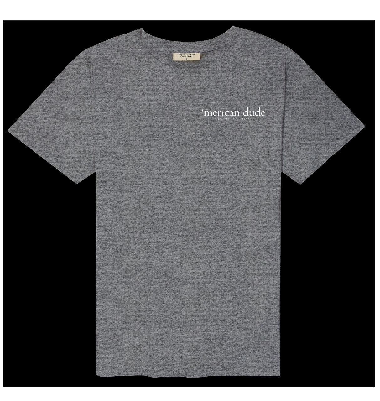 Gray colored t-shirt, front view with American dude writing on the left side in white letters. 