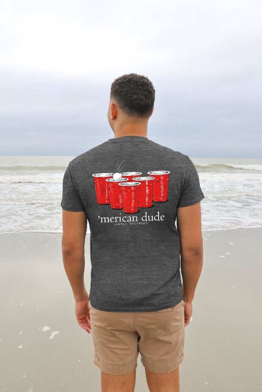 Gray colored t-shirt with red cups as detail graphic on the back of t-shirt. 