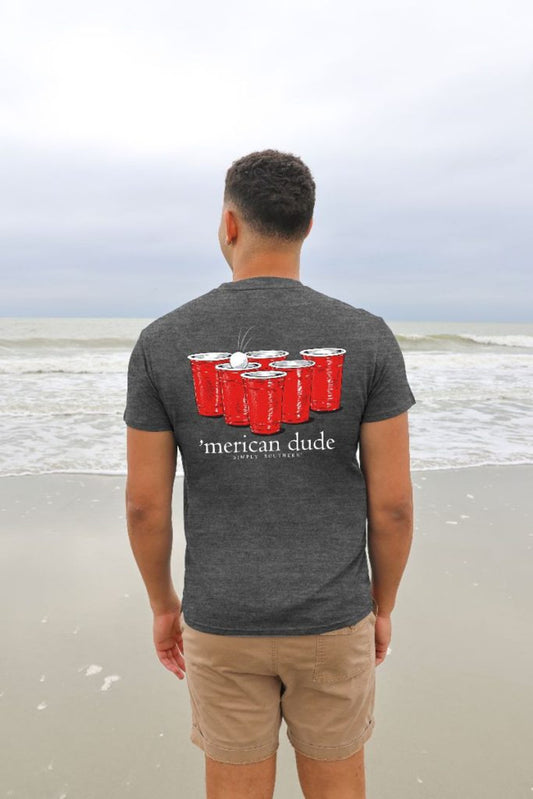 Gray colored t-shirt with red cups as detail graphic on the back of t-shirt. 