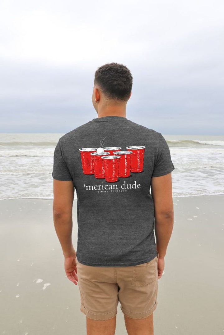 Gray colored t-shirt with red cups as detail graphic on the back of t-shirt. 