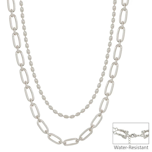 Water Resistant Silver Double Layered Oval and Flat Chain Necklace