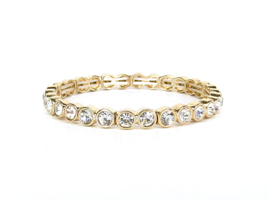 Morgan Gold Crystal Stone Stretch Bracelet featuring a row of round clear crystals in bezel settings. Available in multiple sizes.