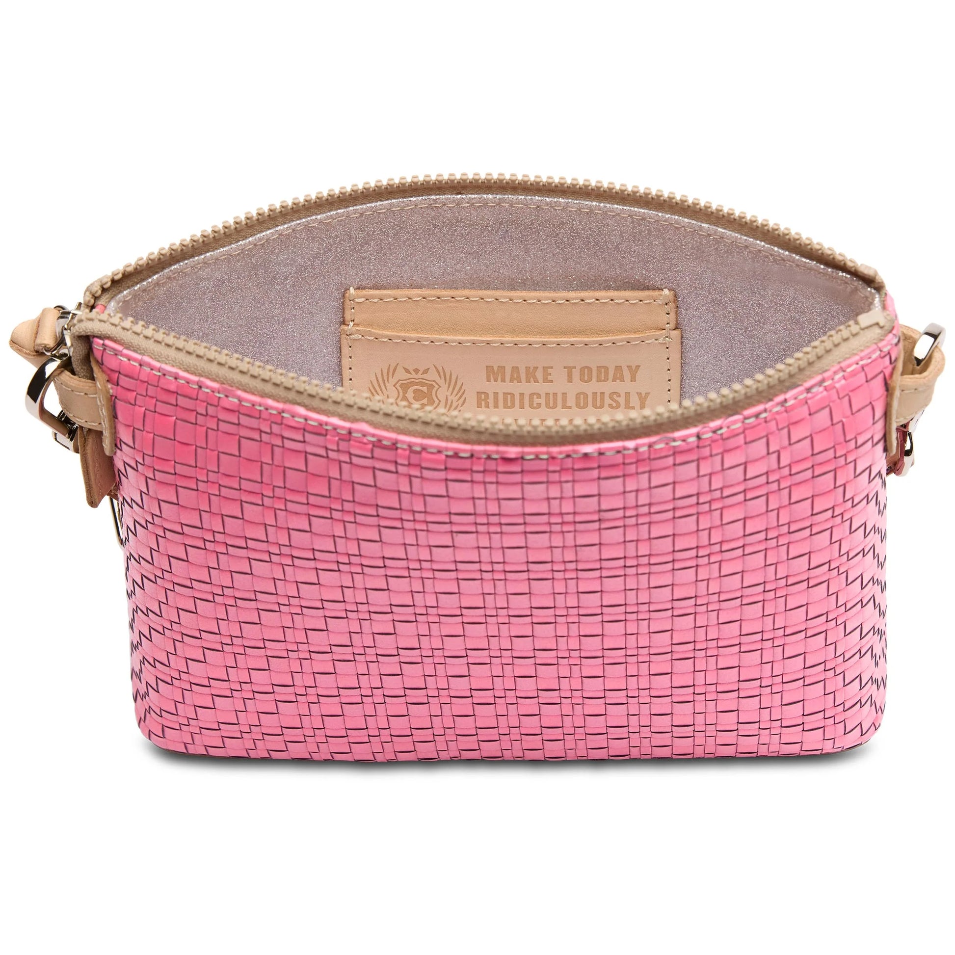 Midtown Crossbody, Pink: Woven-texture zippered pouch with open top and beige tag reading "MAKE TODAY RIDICULOUSLY" in uppercase. Available in one size: 8" x 6".