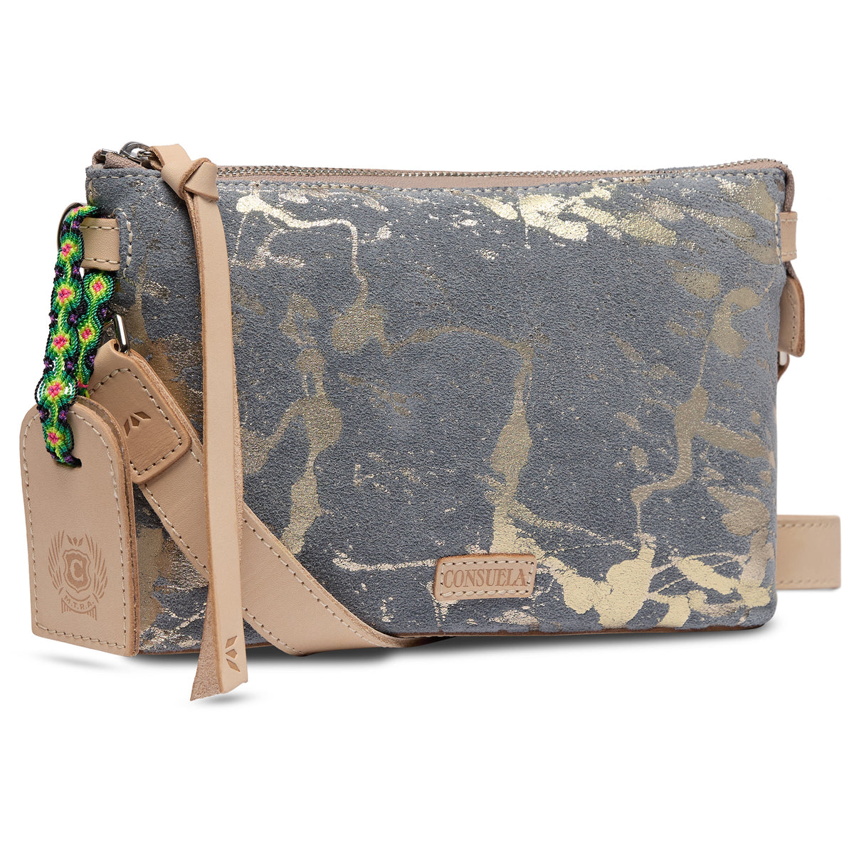 Small leather crossbody bag with gray and gold marbled pattern, tan accents, zipper closure, colorful woven detachable strap, and “Consuela” branded leather tag. Sizes available.