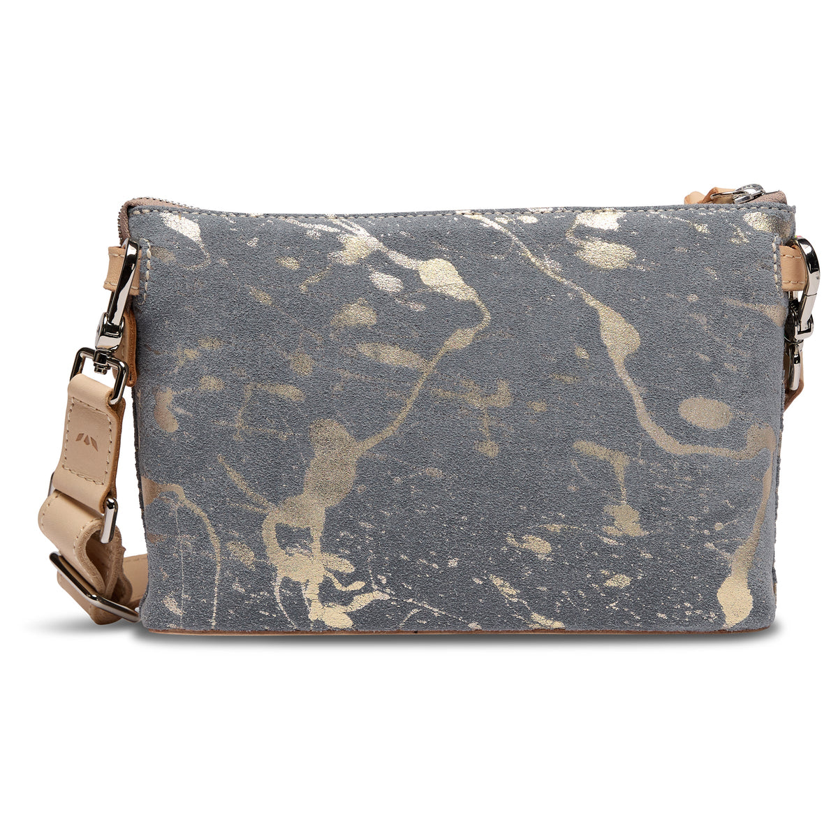 Midtown Crossbody, Jagger: rectangular gray suede leather crossbody bag with abstract gold splatter design, tan leather accents, adjustable strap with metal hardware, and detachable strap. Available in small, medium, and large sizes.