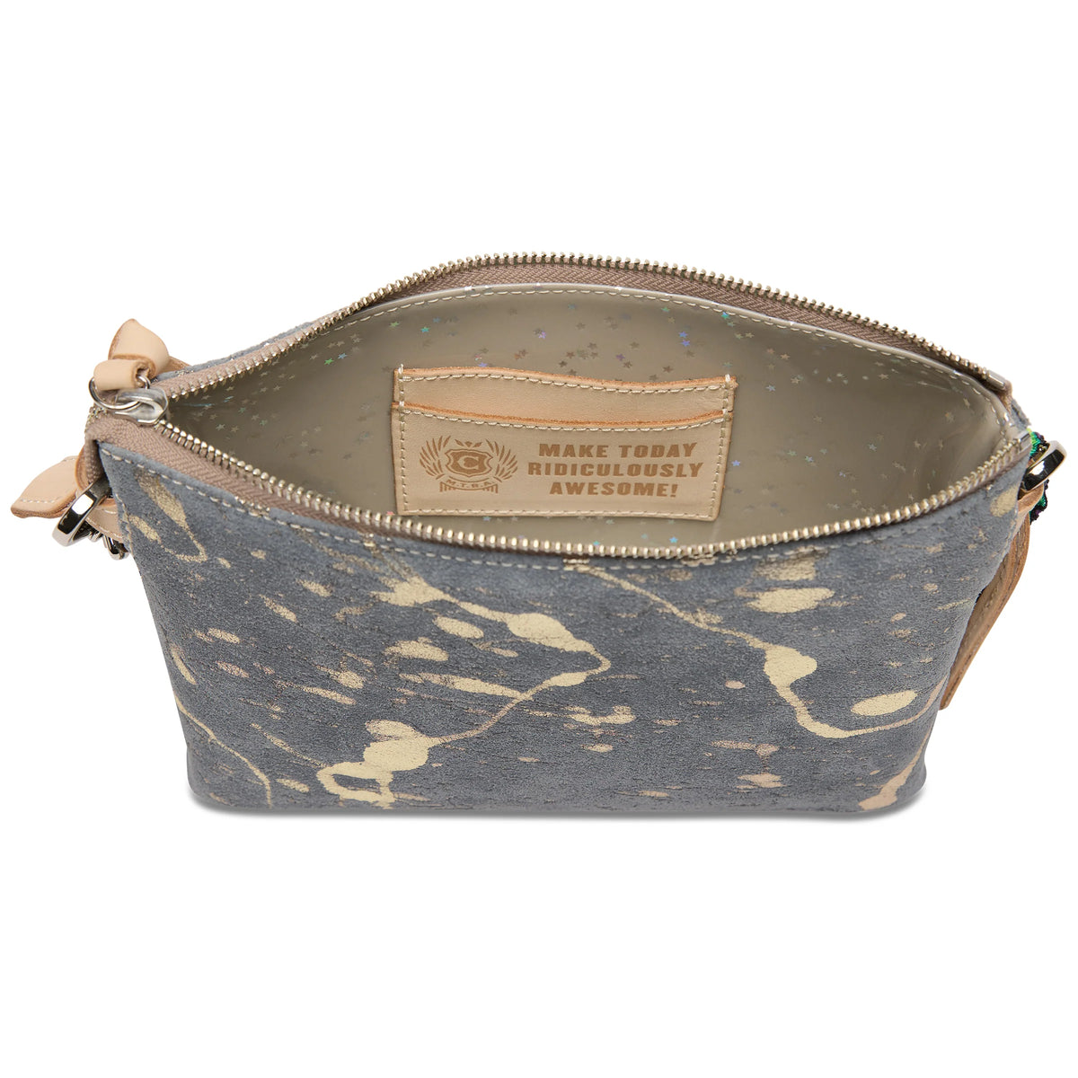 Gray fabric crossbody pouch with tan splatters, beige interior, gold-lettered patch reading “MAKE TODAY RIDICULOUSLY AWESOME!”, and a detachable strap. Sizes available: [size information not provided].