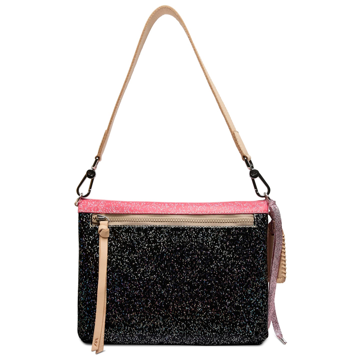 The Metro Crossbody, Bae is a compact black purse with multi-colored glitter, a beige strap, pink zipper lining, beige zipper pull, and lilac ribbon accent. Converts from handbag to wristlet. Available in small and medium sizes.