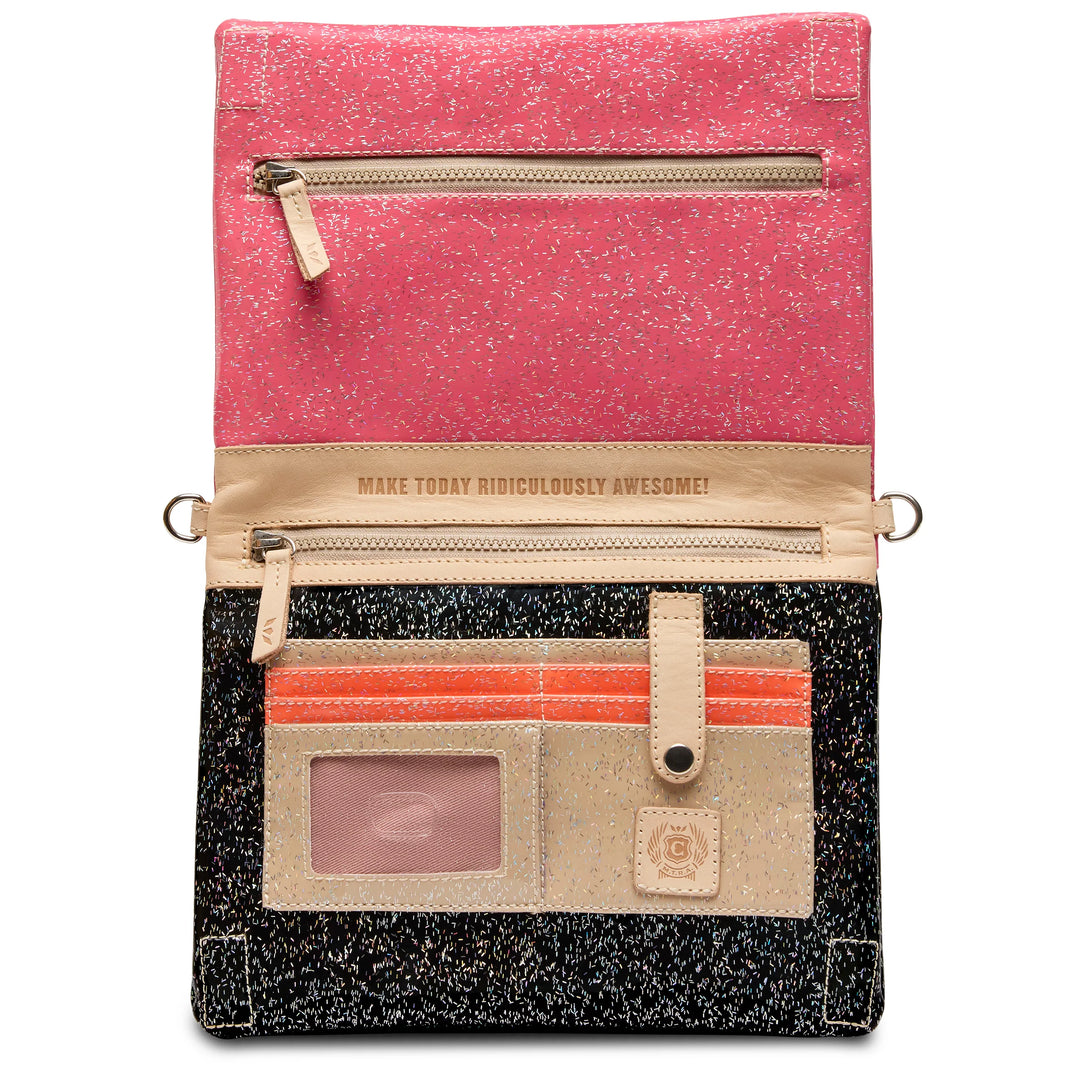 Open wallet with a pink glittery interior, beige zipper pocket, “MAKE TODAY RIDICULOUSLY AWESOME!” quote, and card slots including a clear ID window on a black glittery exterior. Sizes available: S, M, L.