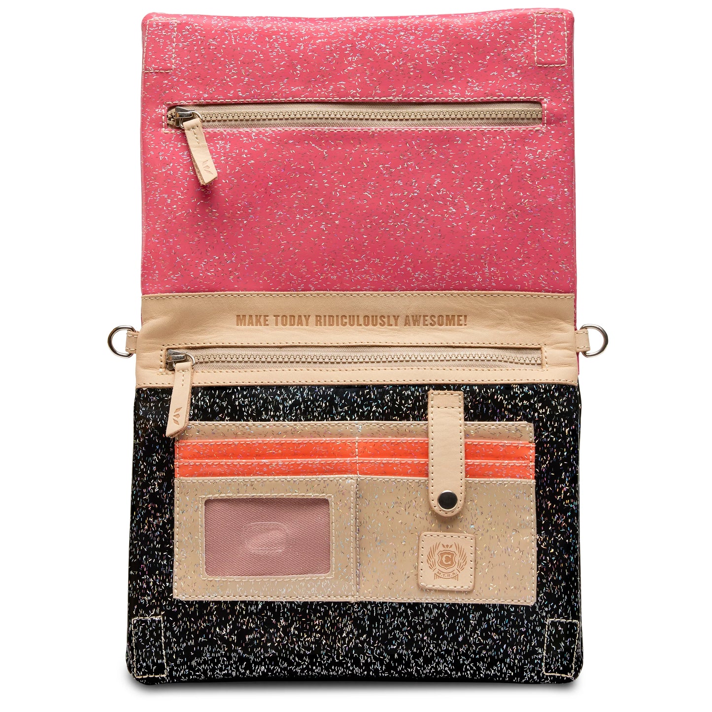 Open wallet with a pink glittery interior, beige zipper pocket, “MAKE TODAY RIDICULOUSLY AWESOME!” quote, and card slots including a clear ID window on a black glittery exterior. Sizes available: S, M, L.
