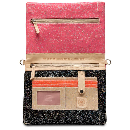 Open wallet with a pink glittery interior, beige zipper pocket, “MAKE TODAY RIDICULOUSLY AWESOME!” quote, and card slots including a clear ID window on a black glittery exterior. Sizes available: S, M, L.