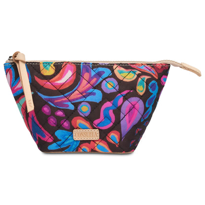 The Sam Medium Tool Kit is a quilted cosmetic pouch with colorful blue, pink, and orange patterns. It has a tan leather zipper pull and an embossed logo on the front leather patch. Suitable for storing cosmetics. Available size: medium.