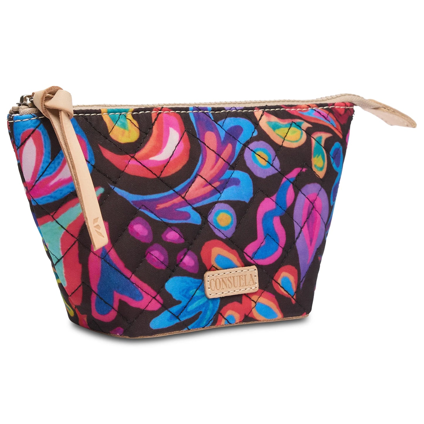 Sam Medium Tool Kit: Quilted fabric pouch with an abstract floral pattern in blues, pinks, and oranges. Includes a tan leather zipper pull and a small leather logo patch. Perfect for cosmetics storage. Available size: Medium.