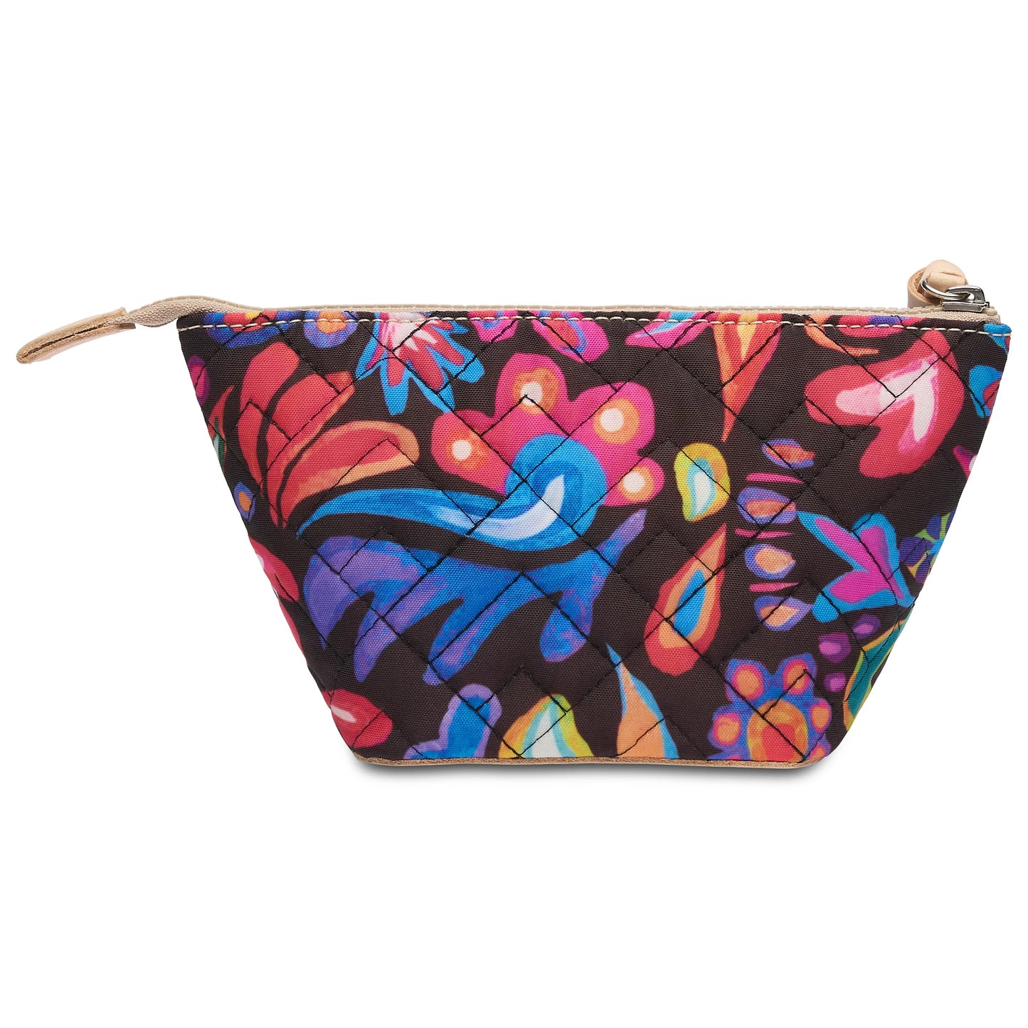 The Sam Medium Tool Kit is a colorful quilted fabric pouch with a leather zipper pull, featuring a floral pattern in red, blue, purple, and orange on black. Available in medium size only.