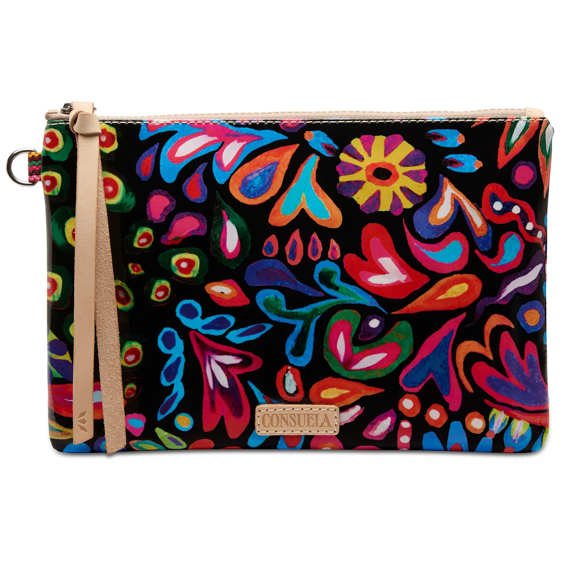 The Mighty Pouch, Sophie: colorful floral pattern, tan leather strap, keyring pouch, Consuela label on front. Available in multiple sizes.