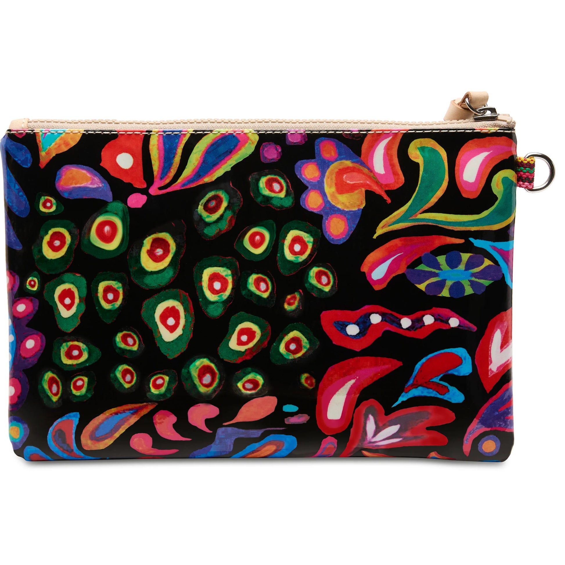 The Mighty Pouch, Sophie is a colorful clutch bag with abstract multicolored floral and dotted patterns on black, featuring a top zipper with tan pull and a metal ring for use as a keyring pouch. Sizes available: Small, Medium, Large.