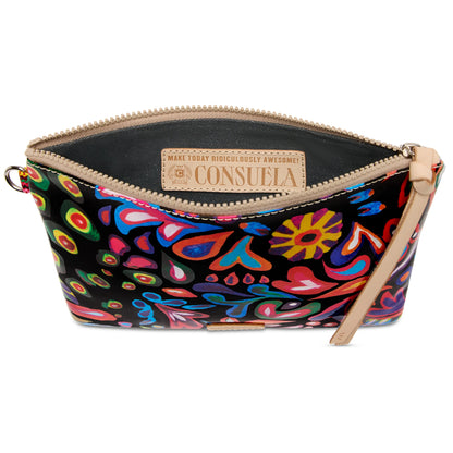 The Mighty Pouch, Sophie features a vibrant floral pattern in colorful hues with a beige zipper and tan pull tab. Inside is a “Consuela” label and the phrase “Make Today Ridiculously Awesome!” Available sizes: [sizes not specified].