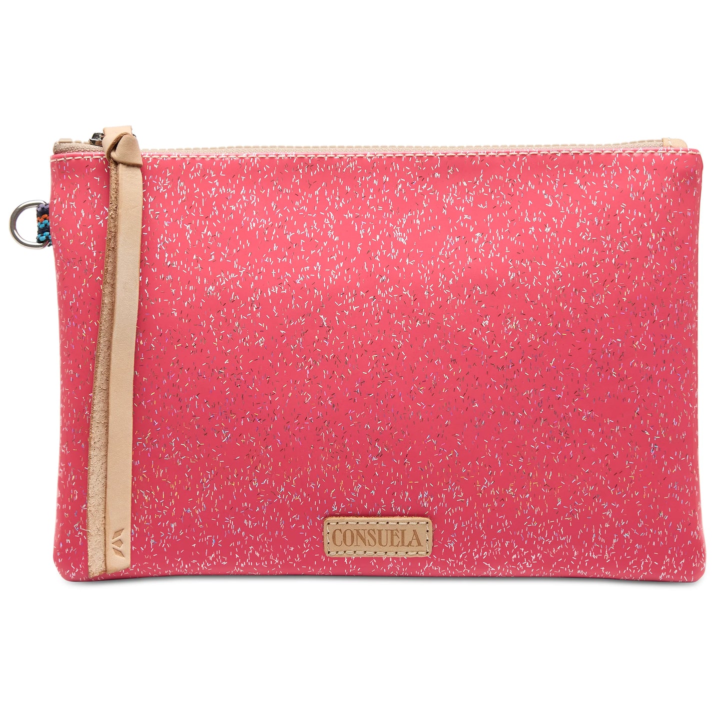 Bright pink pouch with speckled pattern, beige leather zipper strap, and gold Consuela label on front. Sizes available: Mighty.