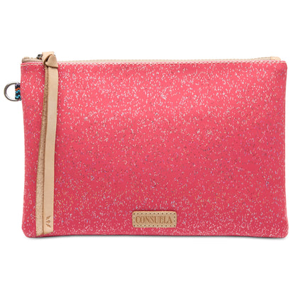 Bright pink pouch with speckled pattern, beige leather zipper strap, and gold Consuela label on front. Sizes available: Mighty.