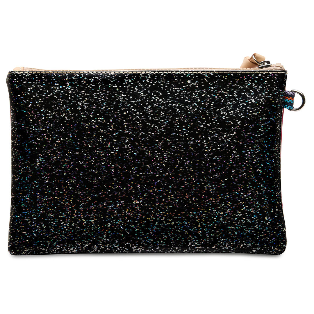 Small black rectangular zippered glitter pouch called the Mighty Pouch, Bae, with a sparkly texture and silver ring on one side; available in small size.