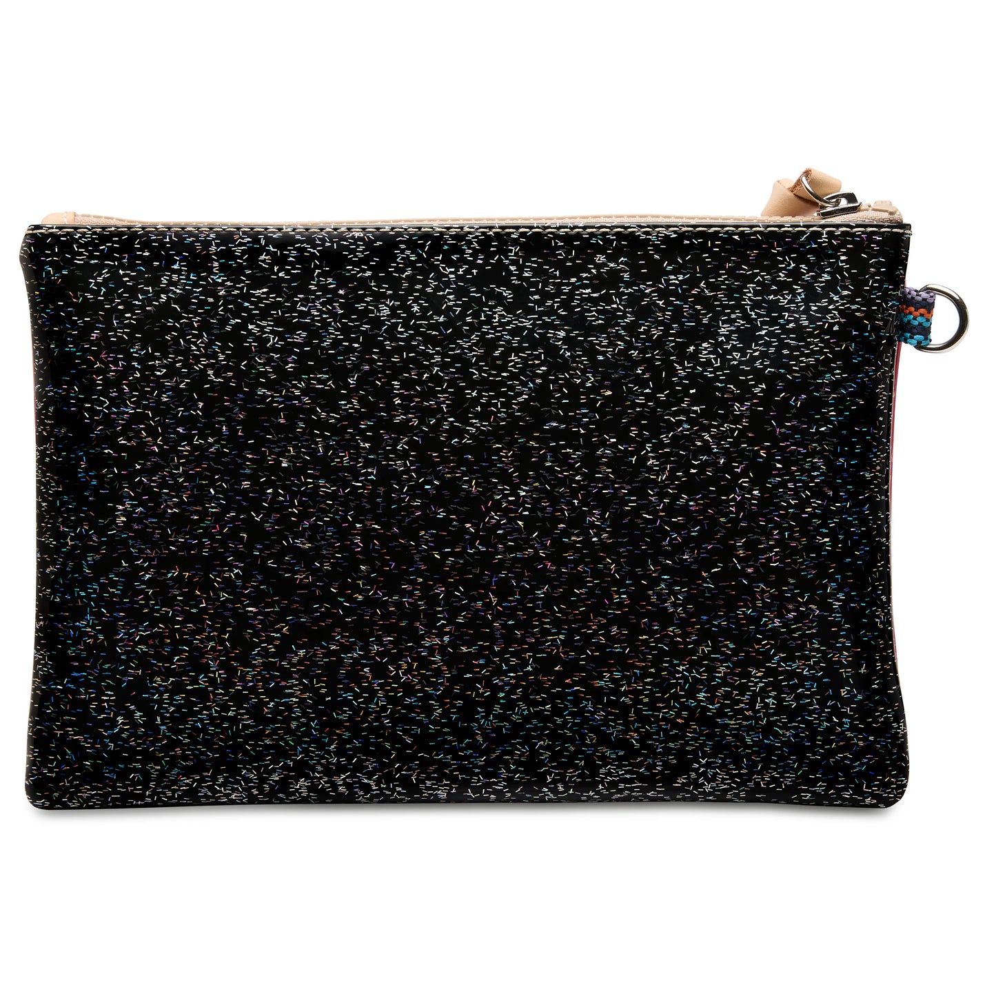 Small black rectangular zippered glitter pouch called the Mighty Pouch, Bae, with a sparkly texture and silver ring on one side; available in small size.