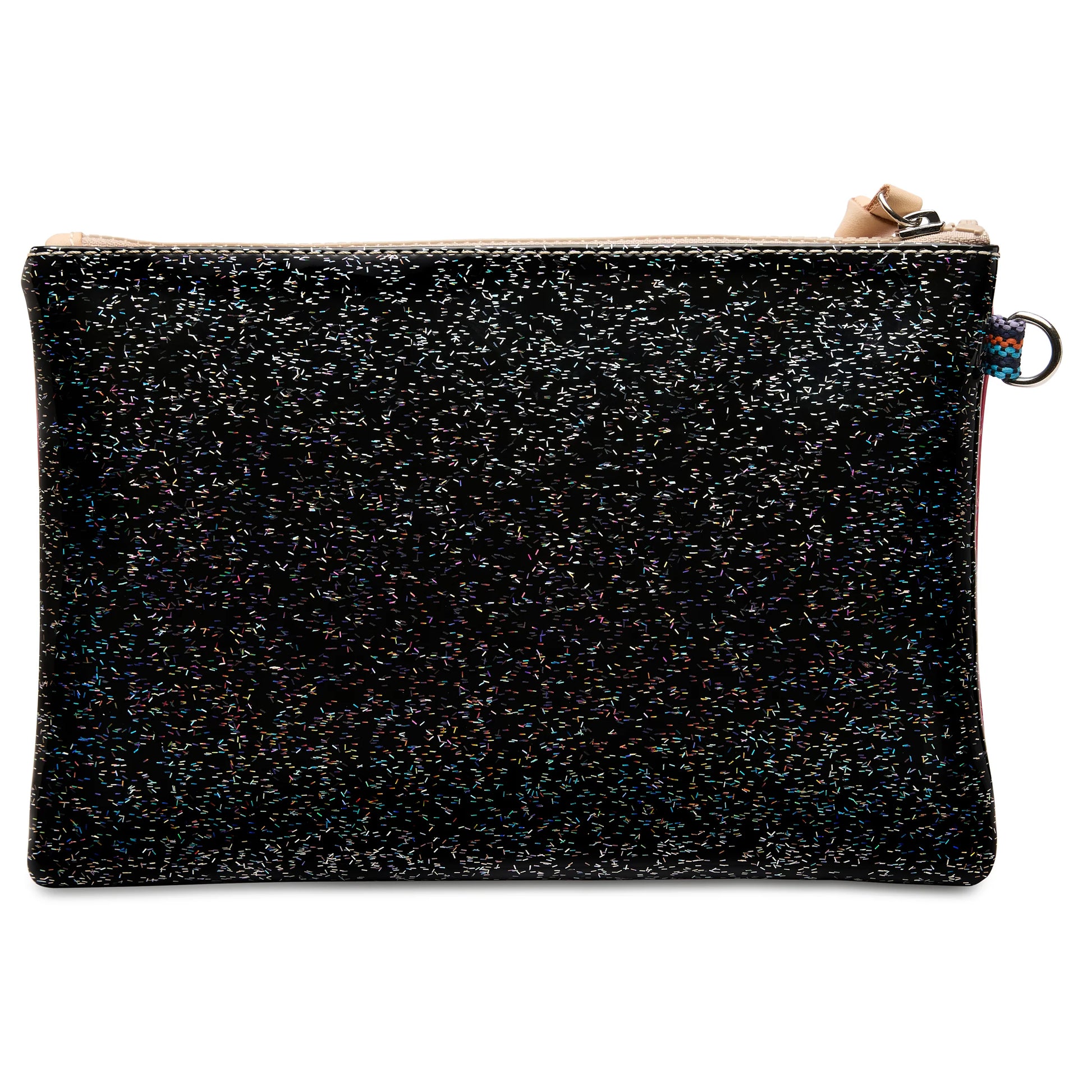 Small black rectangular zippered glitter pouch called the Mighty Pouch, Bae, with a sparkly texture and silver ring on one side; available in small size.