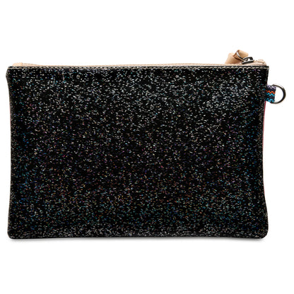 Small black rectangular zippered glitter pouch called the Mighty Pouch, Bae, with a sparkly texture and silver ring on one side; available in small size.