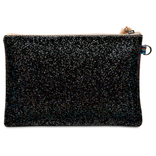 Small black rectangular zippered glitter pouch called the Mighty Pouch, Bae, with a sparkly texture and silver ring on one side; available in small size.