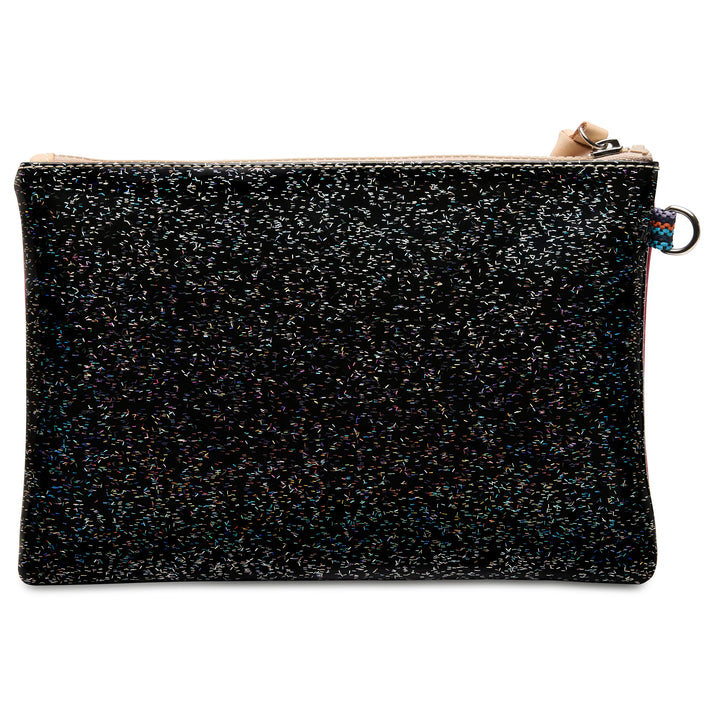 Small black rectangular zippered glitter pouch called the Mighty Pouch, Bae, with a sparkly texture and silver ring on one side; available in small size.