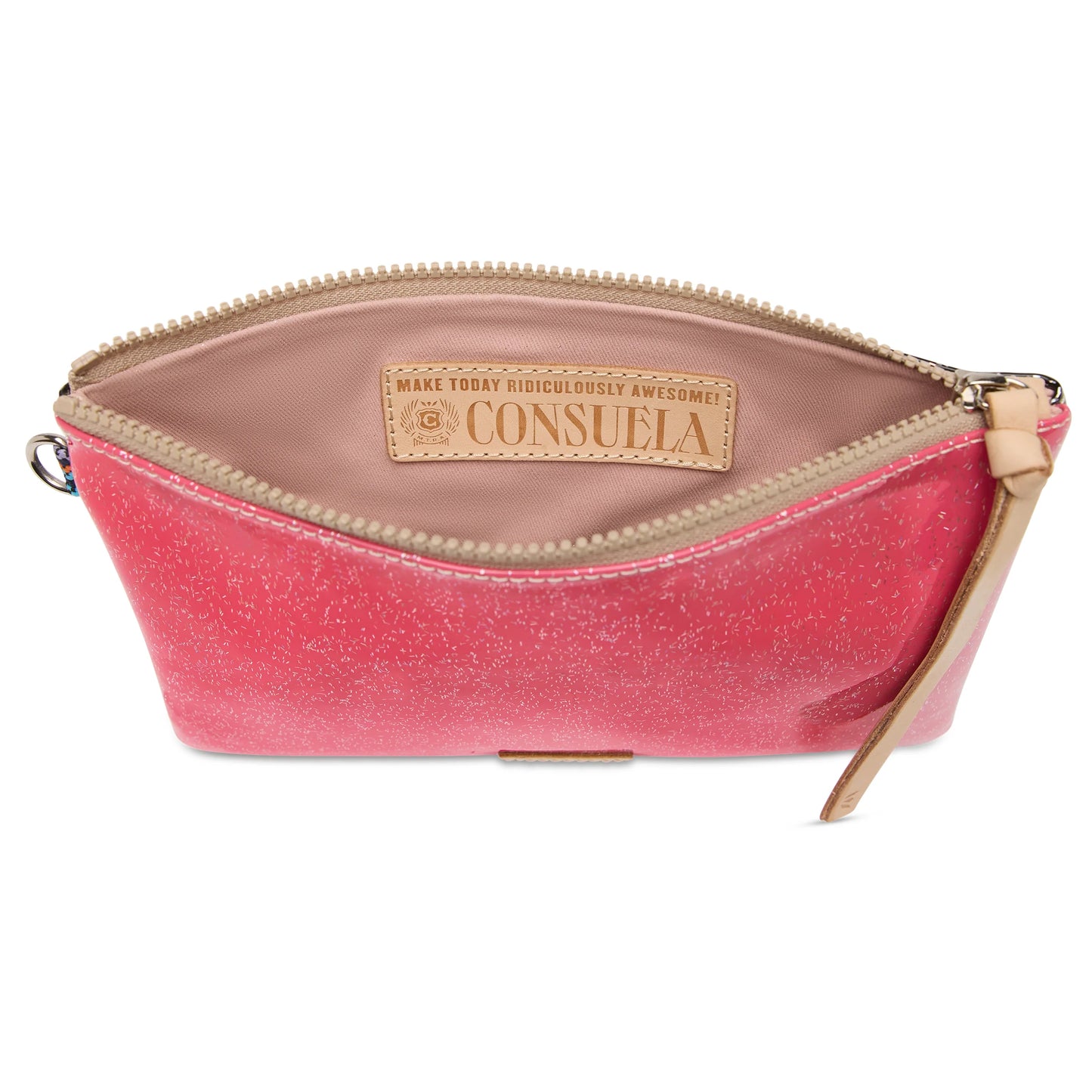 Pink glittery Mighty Pouch, Bae by Consuela, with tan zipper, beige interior, and label reading “Make Today Ridiculously Awesome. Consuela.” Available in multiple sizes.