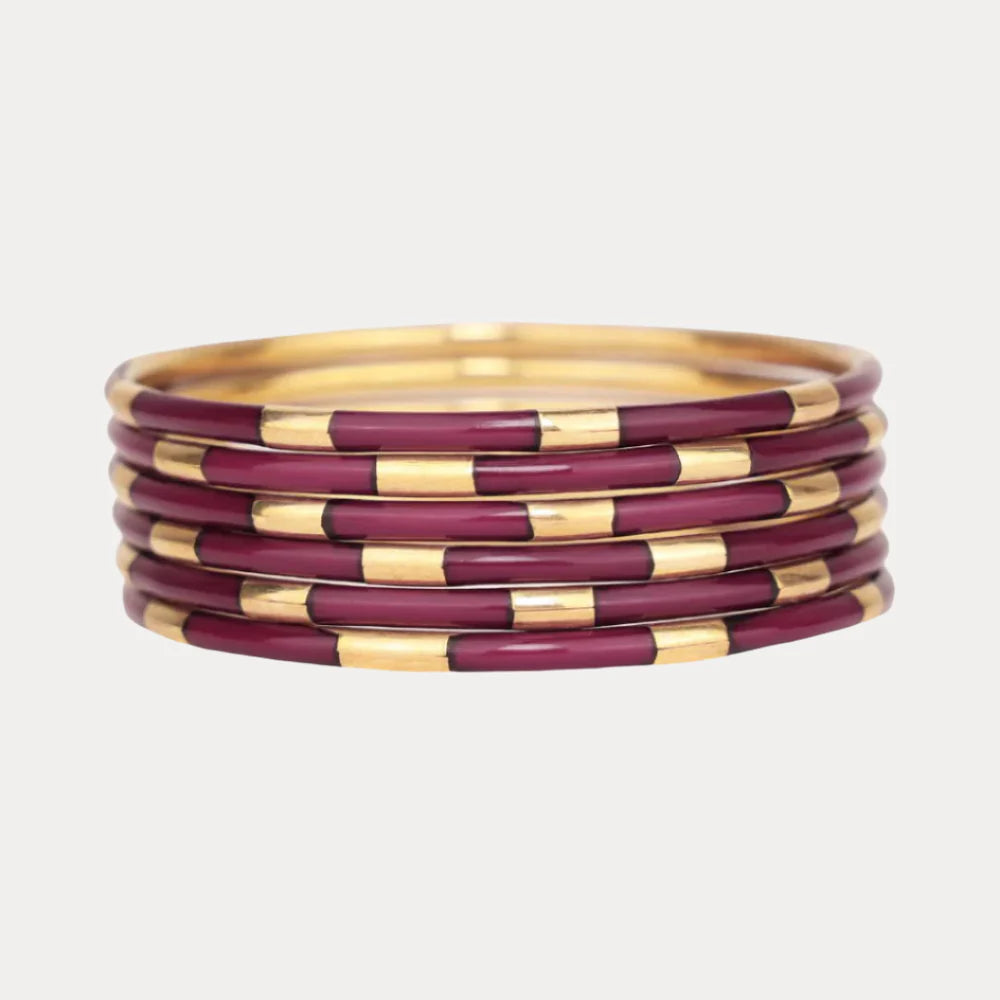 Six gold and maroon enamel brass bangles with alternating color blocks. Available sizes: S, M, L.