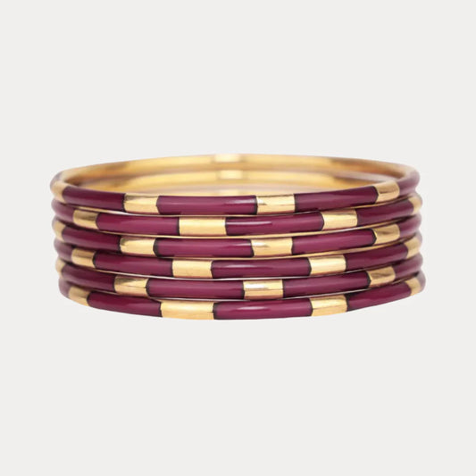 Six gold and maroon enamel brass bangles with alternating color blocks. Available sizes: S, M, L.