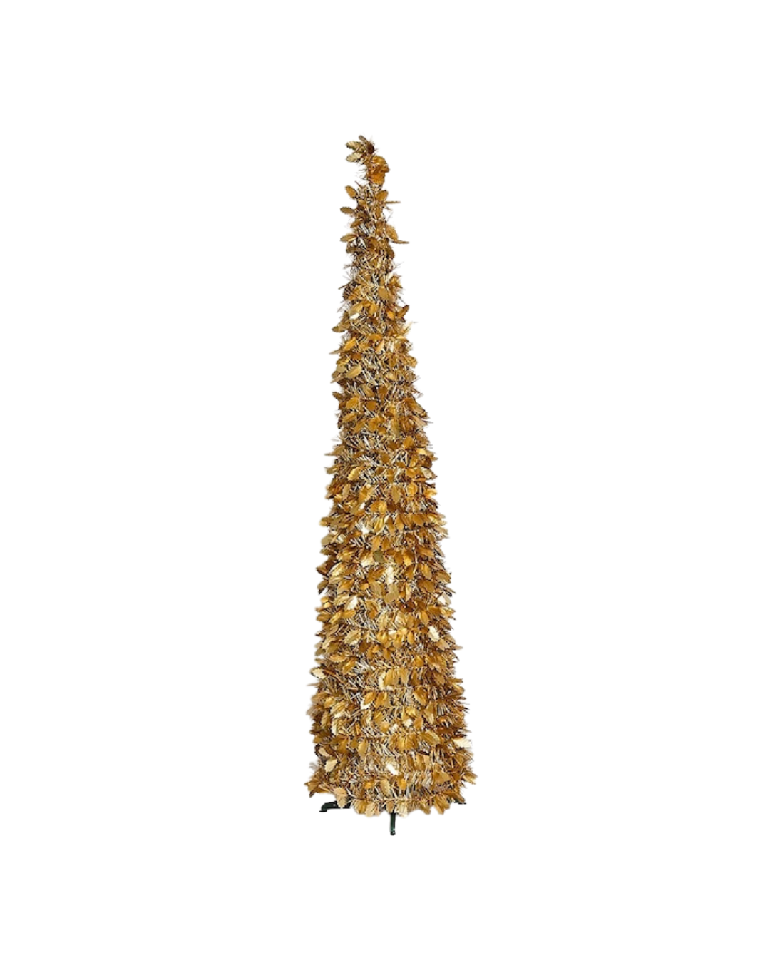 Tinsel &amp; Holly Collapsible Metallic Tree in three sizes, featuring tall, thin, gold tinsel and metallic holly cones.