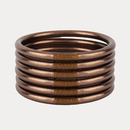 Set of six Meteorite All Weather Bangles® in large with metallic bronze finish and subtle center bands. Available in multiple sizes.