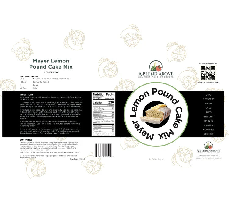 White label for Meyer Lemon Pound Cake Mix with decorative lemons, baking instructions, nutrition facts, QR code, A Blend Above logo, and a citrus glaze recipe. Sizes available: [size information not specified on label].