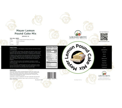 White label for Meyer Lemon Pound Cake Mix with decorative lemons, baking instructions, nutrition facts, QR code, A Blend Above logo, and a citrus glaze recipe. Sizes available: [size information not specified on label].