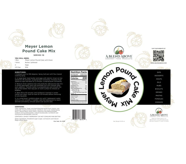 White label for Meyer Lemon Pound Cake Mix with decorative lemons, baking instructions, nutrition facts, QR code, A Blend Above logo, and a citrus glaze recipe. Sizes available: [size information not specified on label].