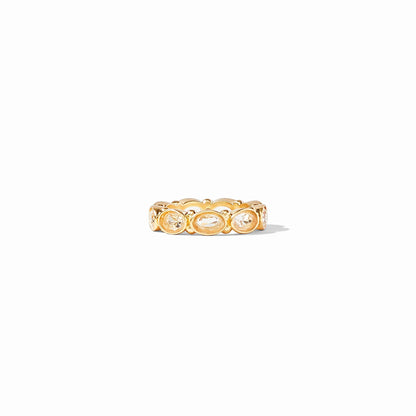Gold band Mykonos Ring with round clear glass gemstones in bezels. Available sizes: 5, 6, 7, 8.