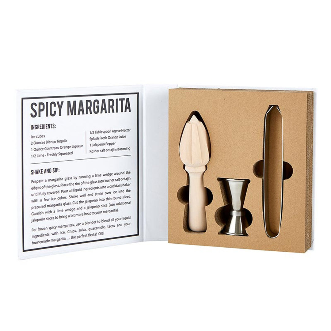 The Margarita Book Box - Salt Lime Tequila Margarita includes a recipe card, citrus reamer, jigger, and metal bar spoon in organized gift packaging with a sturdy cardboard insert. Size: One size.