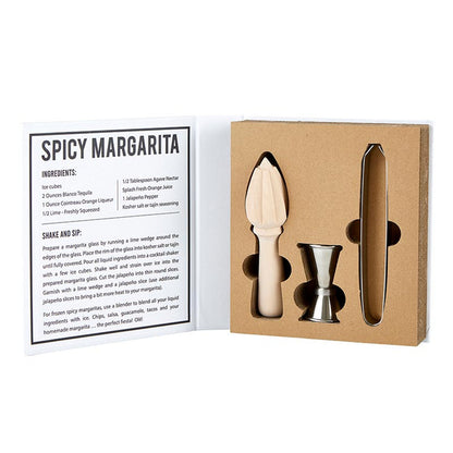 The Margarita Book Box - Salt Lime Tequila Margarita includes a recipe card, citrus reamer, jigger, and metal bar spoon in organized gift packaging with a sturdy cardboard insert. Size: One size.