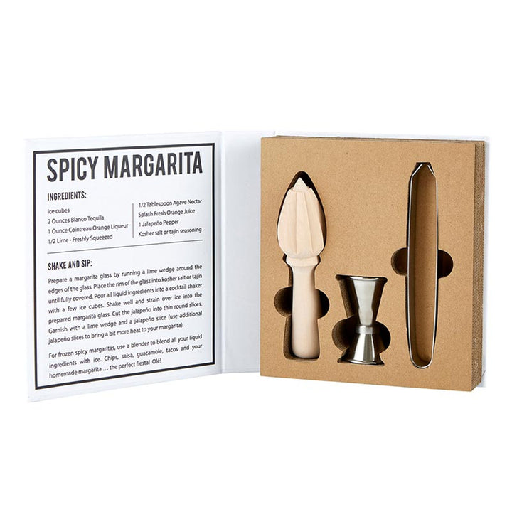 The Margarita Book Box - Salt Lime Tequila Margarita includes a recipe card, citrus reamer, jigger, and metal bar spoon in organized gift packaging with a sturdy cardboard insert. Size: One size.