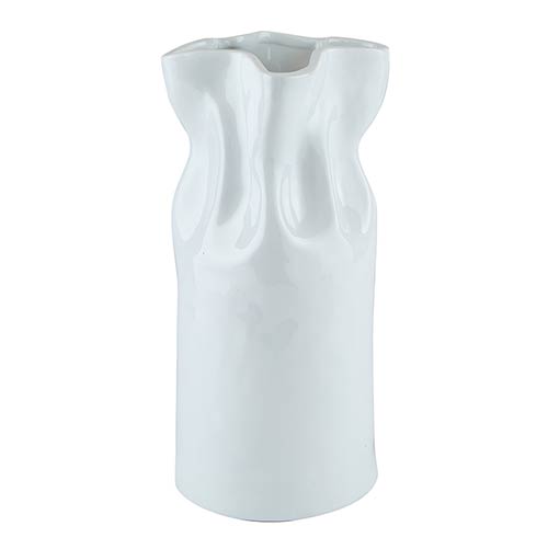 Cinched Ceramic Vase with glossy finish. Irregular, wavy, crumpled appearance resembling wrinkled fabric. Hand-crafted top opening is uneven and asymmetrical. Sizes available: Small, Medium, Large.